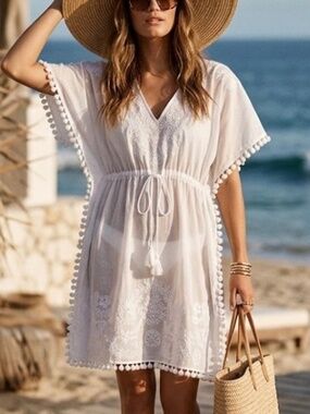 Tory Burch Georgina Embroidered Caftan Tunic White Cover Up Small NWOT
